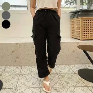 [라일리여성의류] Rly 바스락 스트링 바지 여자 포켓 밴딩 카고 조거팬