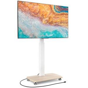 전원 콘센트가 있는 FITUEYES TV 스탠드, 32-70인치 LCD LED OLED 플랫/커브 패널 화면 TV용 스위블 휴대용 높이 조절 가능한 & 우드 베이스, 모바일 카트 최대 88Lbs 수용 가능