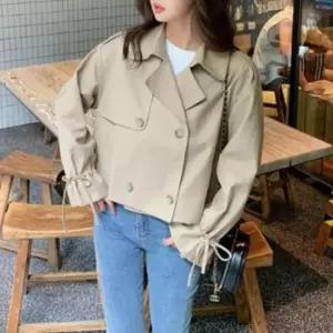 여성용 크롭 트렌치코트 더블버튼 카라 스타일