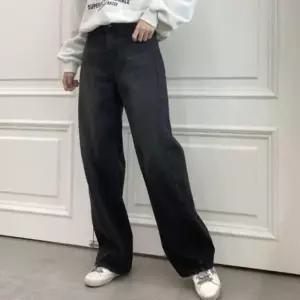 여성용 블랙 와이드 절개 데님 면100 뒷밴딩 팬츠