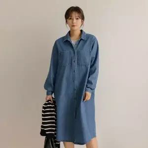 [엘리시아][66-110] 니처 데님 포켓 롱 셔츠 원피스