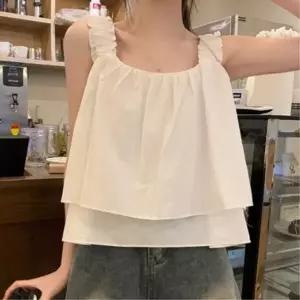 여성 사랑스러운 이중 프릴 A라인 크롭 민소매 탑