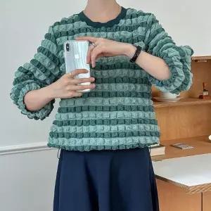 여성 스트라이프 배색 엠보 반팔 티셔츠 스트링 라운드 블라우스