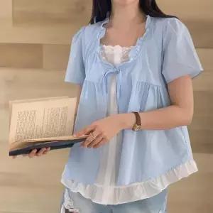 여성 레이스 프릴 리본 장식 이중 레이어 블라우스