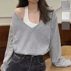 [다잇템] 여자 볼드숄더 빅사이즈 환절기 V넥 긴팔티