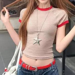 배색 크롭 반팔티 스트라이프 슬림핏 반팔 티셔츠 WFLX6IY