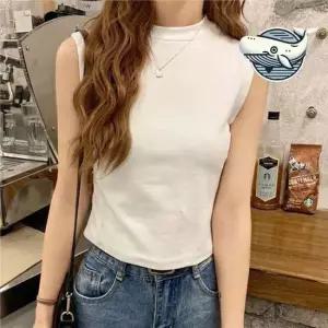 편안한 크롭 민소매 티셔츠 베이직 라운드넥 티셔츠