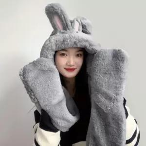 후드 머플러 장갑 일체형 겨울 퍼 그레이 토끼귀 후드 겨울 퍼 그레이 토끼귀