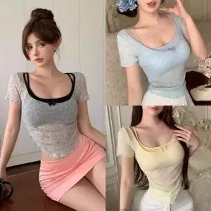 슬림핏 반팔 시스루 나비 셔링 프릴 크롭 티셔츠