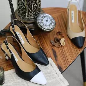 제작 소가죽 배색 미들굽 뾰족 스트랩 슬링백힐Y