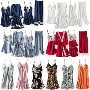 브라 캡 내장 실크 레이스 슬립 원피스 섹시 란제리 속옷 가운 로브 홈웨어 파자마 잠옷 세트 신혼선물