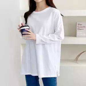 이너티셔츠 옆트임 박스 티셔츠 긴팔 여성 빅사이즈 면 롱 흰색