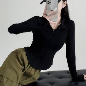 여자 봄 스트릿룩 여리 슬림핏 지퍼 티셔츠