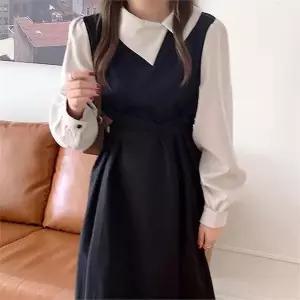 [오노마] ONM 카라넥 배색 깔끔한 디자인 롱원피스 블랙 원피스 (S9999332)