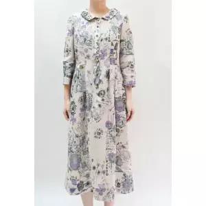 [비꼴리끄]린넨 프린트 라운드 카라 칠부 원피스 B242WO3230