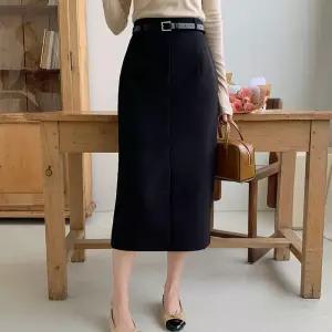 (L사이즈 추가/링클프리/벨트세트/하객룩) 프렌토 쫀득 하이웨스트 H라인 트임 롱 스커트 sk6990