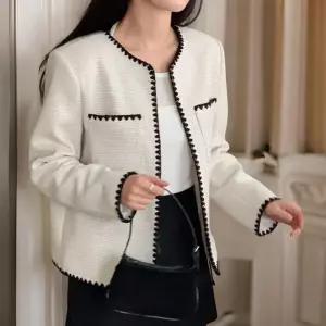 여자 배색 오픈 라인 투포켓 트위드 자켓