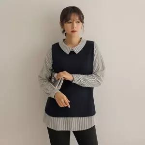 [하프클럽/]에핀 스트라이프 배색 카라 블라우스