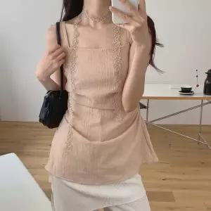 마티니 셔링 끈나시 블라우스 레이스 초커 타이 세트 백 스모크 주름 밴딩 뷔스티에 블라우스