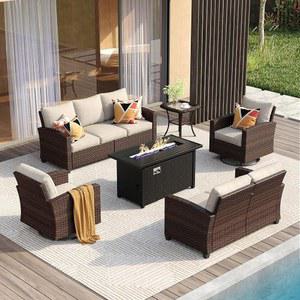 금속 불 구덩이 테이블이 있는 VICLAX 6피스 파티오 퍼니처 세트, 야외 대화 세트에는 3인용 소파, 러브시트, 회전식 의자 소파 2개와 사이드 테이블, 베이지 쿠션이 포함되어 있습니다