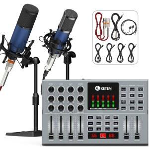 팟캐스트 장비 번들 2인용, 48V 및 3.5mm XLR 콘덴서 마이크가 장착된 케텐 오디오 인터페이스, 올인원 DJ 믹서, 스마트폰 PC, 팟캐스트, 녹음, 노래, 스트리밍, 게임에 적합합니다