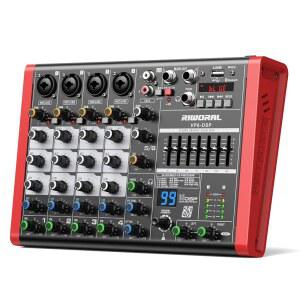 99 DSP 효과 XLR 1/4인치 잭 USB 블루투스 에코 지연 효과가 있는 6채널 오디오 인터페이스 DJ 믹서, 녹음, 라이브 스트리밍, 팟캐스트를 위한 48V 팬텀 파워 스테레오 DJ 믹서 입력