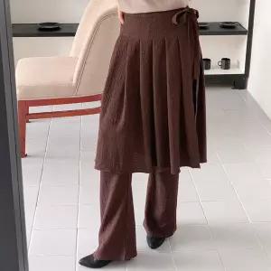 여자 링클 플리츠 리본 랩스커트 밴딩 와이드팬츠 세트