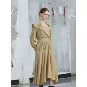 [하프클럽/에고이스트]베이지 플리츠 카라 롱 언발 원피스 EN3WO864