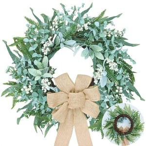 현관문 24인치 유칼립투스 화환 녹색 화환에 잎이 달린 나비 열매를 가정용 농가로 남기기 - 봄 여름 가을 겨울 사계절용 WSTPUPU