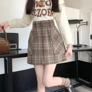 슬림소녀 여성 가을 겨울 허리밴딩 포켓 디자인 체크 스커트 편안한 데이트 미니스커트