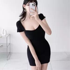 여성 러블리 스퀘어넥 골지 반팔 미니 원피스