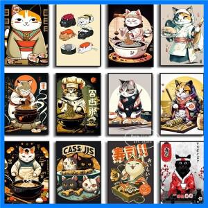 레트로 일본 미술 스시 고양이 요리사 라면 포스터 미적 캔버스 그림 인쇄 벽 예술 벽화 주방 카와이 다이