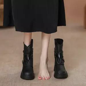 XZXKBKZTX043 여성 겨울 가죽끈 워커 미들 부츠