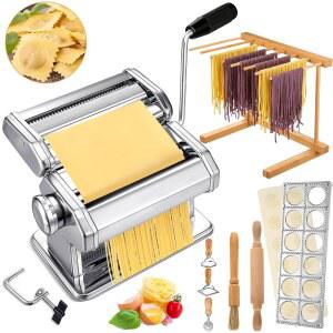Hushee 8개 파스타 메이커 기계 세트, 스테인리스 스틸 면 포함 나무 건조대 라비올리 스탬프 커터, 커터 휠 미니 롤링 핀 청소 브러시