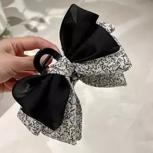 빅사이즈 리본 집게핀 패턴 블랙 배색 쉬폰 헤어핀 (WFJ7CJE)