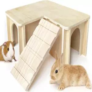 Chngeary 기니피그 은신처와 집 사다리가 있는 멀티 챔버 나무 성 친칠라 난쟁이 토끼 햄스터 등을 위한