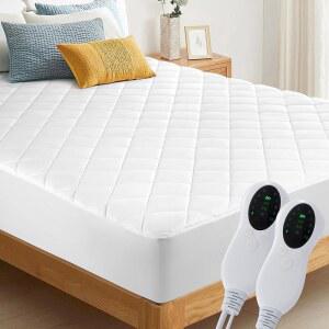 전기 온열 매트리스 패드 퀸 사이즈, 듀얼 컨트롤러 럭셔리 침대 워머 10가지 열 설정 | 자동 꺼짐 2-4-8시간 최대 18인치 딥 포켓 장착 세탁기 사용 가능