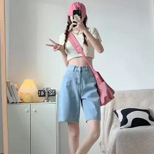 [하프클럽/]여자 연청 데님 소재 5부 기장 여름 팬츠 청반바지