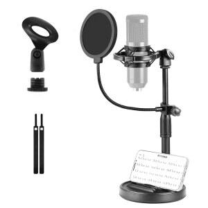 [미국배송] 휴대폰 홀더가 있는 미스터파워 데스크톱 마이크 스탠드 무게 기반이 스탠드 책상 테이블 팝 필터 쇼크 마운트 클립 3/8인치에서 5/8인치 어댑터 스튜디오 녹음용 높이 조절 가능 게임