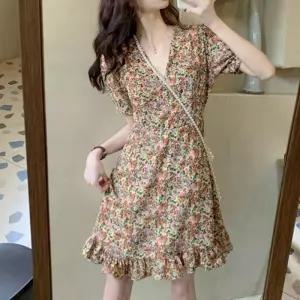 블랙원피스 여름원피스 여성원피스 플라워 랩 브이넥 플라워원피스 랩원피스