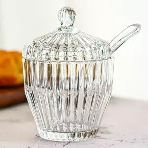 칸푸라 1팩 투명 유리 설탕 그릇 뚜껑과 숟가락 서빙 소금 냄비 홀더 양념 디스펜서 용기 가정용 주방