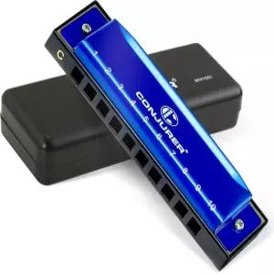 CONJURER 성인 초보자 학생용 블루스 하모니카 C 키 10홀 다이아토닉 케이스 포함 황동 리드 메탈 마우스