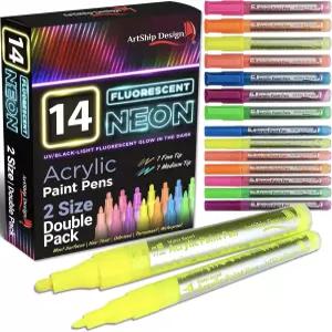네온 UV 형광 아크릴 페인트 펜 14팩 락 페인팅 머그컵 세라믹 유리 등 물 기반 무독성 및 무취용 엑스트라