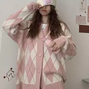 긴팔 루즈핏 아우터 모던 아가일 패턴 롱 니트 가디건 (KYR-WF7B2E4)