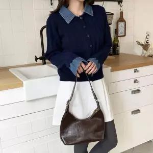 [하프클럽/옷자락]여성 아크릴 데님 가디건 꽈배기카라 버튼형