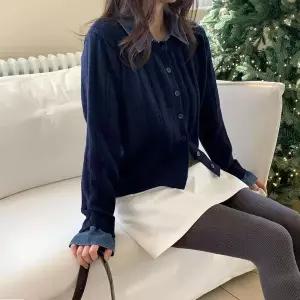 [하프클럽/옷자락]여성 꽈배기 데님 카라 단추 가디건