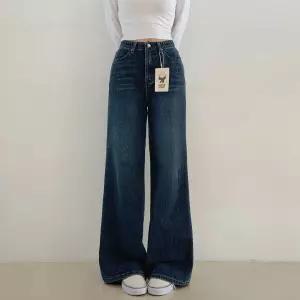 [문에이블]문에이블 여자 여성 겨울 데일리 편한 허리밴딩 융기모 와이드핏 따뜻한 청바지 데님팬츠