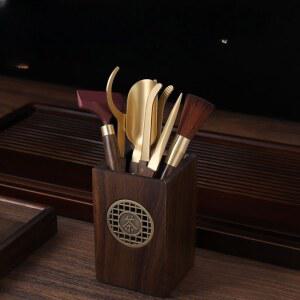 우드 사각 차칙 용품 다도 다하 세트 네모 정리함 차도구 금색 브러시 6종 집게