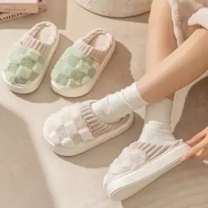 겨울 도톰 체크 털 실내화 슬리퍼 사무실 병원 폭시 거실화 남녀공용_24028560