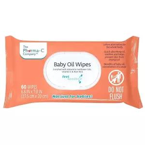 The Pharma-C Company 베이비 오일 물티슈. (60장) 아몬드와 해바라기 알로에 및 비타민 E가 풍부합니다.